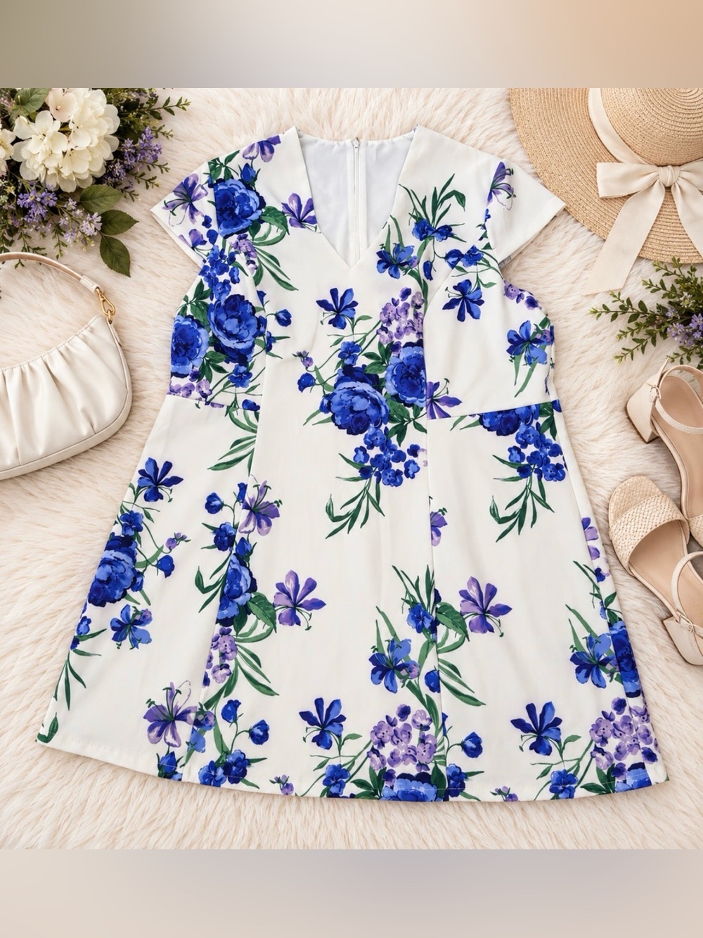 White Floral V-Neck A-Line Dress